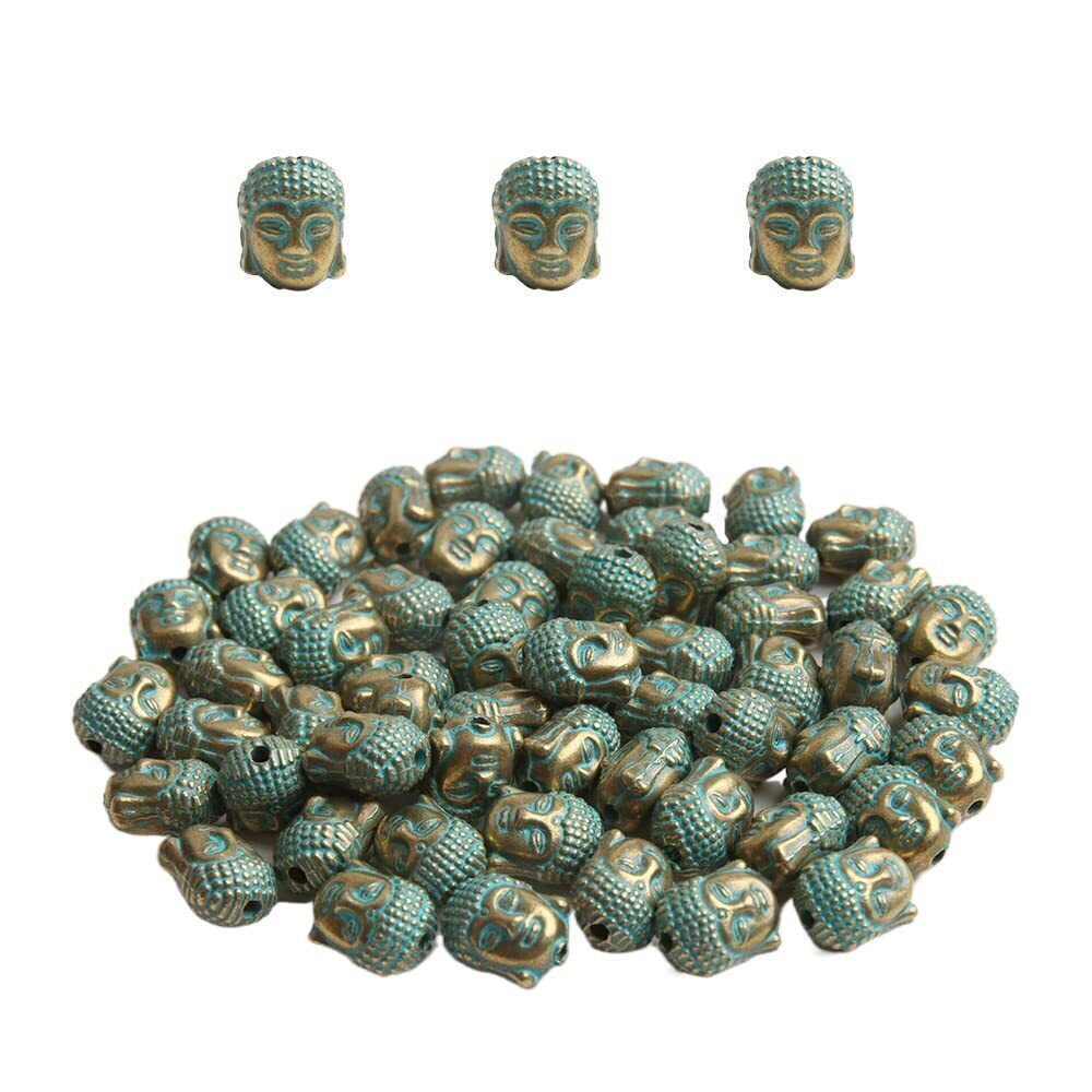 8015 50 PCS 10MM Antique Patina Plated Zinc Alloy Green Buddha Head Charms
